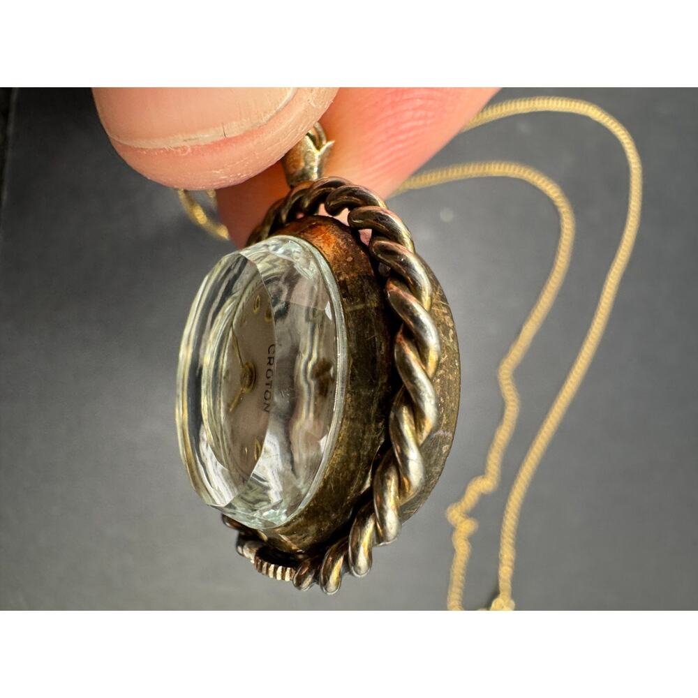 Vtg Croton Ladies12k Gold Filled Ball Watch Pendant Necklace W/ Floral Design - Picture 7 of 10